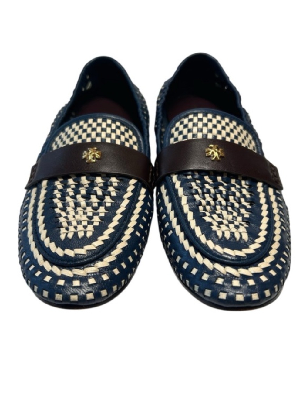 Tory Burch Woven Leather Ballet Loafers, slip-on, almond toe, double-T logo.